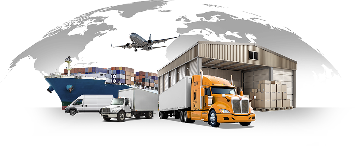 Collage with container ship, courier van, straight truck, truck & trailer, warehouse and cargo plane showing CFS’ services
